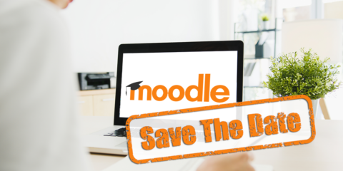 Moodle-Logo auf Laptop mit "Save the Date"-Schriftzug darüber